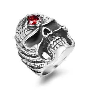 Gothic Skull Ring For Men Stainless Steel Punk Ring With Red Rhinestone Inlaid Retro Polished Biker Jewelry Finger Ring