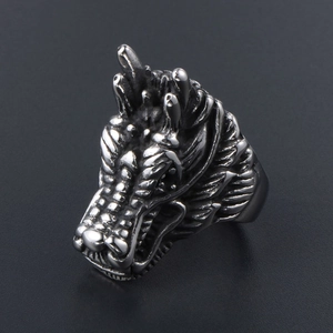Vintage silver-black dragon ring for men, titanium steel punk style with detailed scales