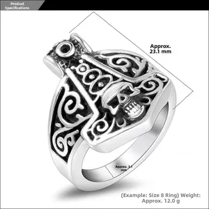 Macro view of punk skull hammer ring with 23.1mm width and celtic knot detail