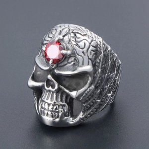 Gothic titanium steel skull ring with a striking red gemstone inlay and retro carvings
