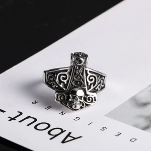 Vintage Viking Thor Hammer Skull Ring For Men Titanium Steel Punk Hip Hop Ring Gothic Mjolnir Biker Jewelry Halloween Gift