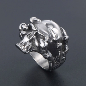 Gothic punk bear head ring in stainless steel featuring detailed 45-degree carved metal design