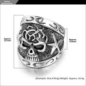 Detail view of vintage steel skull ring showing height 27.1mm and width 8.0mm dimensions