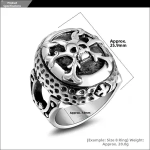 Macro shot of vintage skull and crossbones relief on silver-toned titanium steel gothic ring