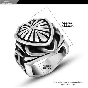 Detailed view of men's shield ring dimensions showing 24.6mm face width and engraving