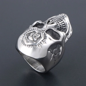 Vintage punk style double skull head titanium steel ring with shield emblem carving