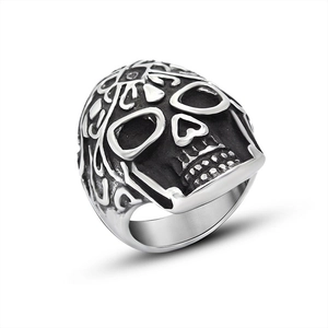 Vintage Punk Stainless Steel Skull Ring For Men Gothic Carved Floral Pattern Rock Biker Jewelry Retro Silver Ring