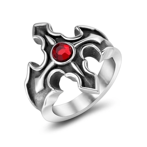 Bague gothique vintage en acier inoxydable avec pierre rouge et motif croix