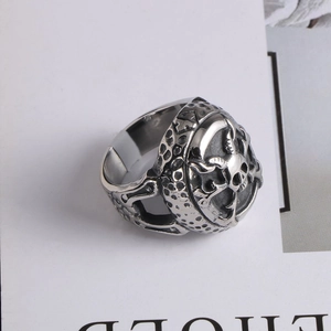 Detailed view of vintage punk skull ring with embossed crossbones and honeycomb texture