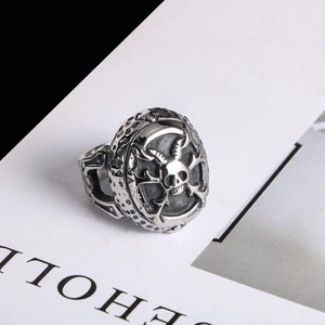 Macro detail of gothic skull ring with vintage texture on rugged stainless steel band
