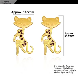 Detailed size chart of cat-shaped rose gold earrings with red gemstone inlay