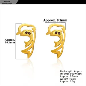 Detailed dimensions of 18K gold dolphin stud earrings featuring red crystal accents