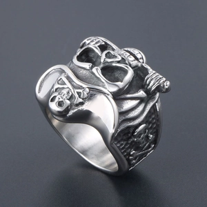 Retro stainless steel pirate skull ring for men with vintage silver finish and crossbone hat