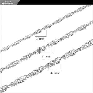 Detailed view of silver water wave chains in three widths 2.0mm 2.5mm and 3.0mm