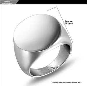 Detail view of silver signet ring showing 21.5mm flat round top and 4.5mm wide band
