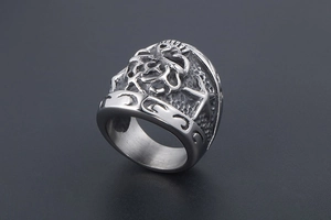 Macro view of vintage titanium steel lion head ring with ornate relief engraving details