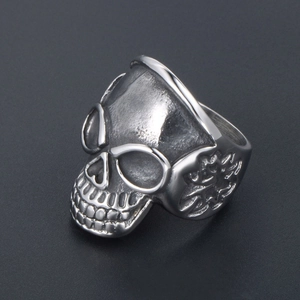 Vintage gothic skull ring for men in retro silver stainless steel with embossed details
