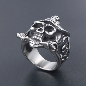 Vintage stainless steel skull ring with pirate hat and crossbones design for men