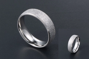 Detail of titanium steel ring with matte sandblasted finish and polished inner band surface