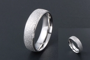 Macro detail of silver titanium steel ring featuring frosted surface and polished inner band