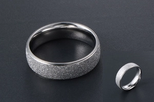 Macro shot of silver titanium ring featuring a sparkling frosted finish and polished interior