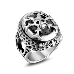 Vintage silver skull signet ring for men with gothic bone textures and rugged steel finish