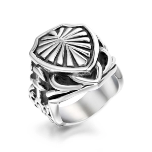 Men's retro shield-shaped stainless steel ring featuring gothic engraving and cool industrial style