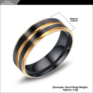 Détails de la bague en titane noir brossé de 6,8 mm avec rainures dorées
