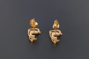 Detailed macro view of 18K gold dolphin stud earrings with brushed metallic texture