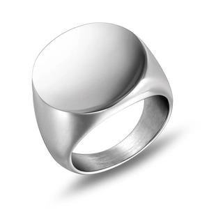 Polished silver signet ring with a minimalist flat round top made of premium steel