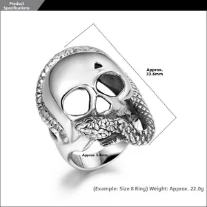 Detailed punk skull and snake ring measurements showing 33.6mm height and 5.4mm width