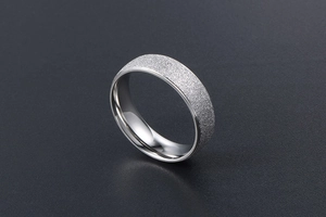 Detail of silver titanium steel ring featuring a matte sandblasted surface and polished interior