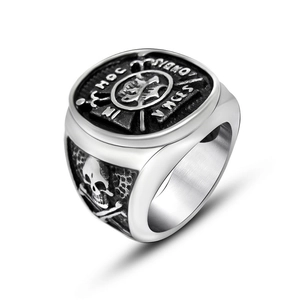 Punk vintage stainless steel signet ring with anchor skull relief and Latin engraving