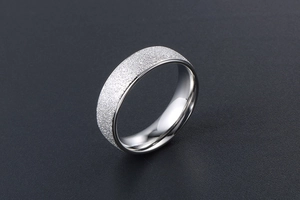 Macro view of silver matte titanium steel ring with polished inner surface and grainy texture