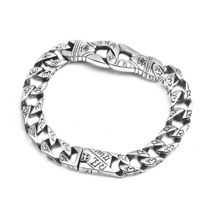 Retro Titanium Steel Buddha Mantra Bracelet Vintage Punk Cuban Link Religious Interlocking Double Ring Men Jewelry