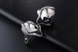 Macro detail of punk rock skull and snake ring with sharp metallic texture on leather