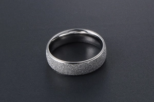 Close-up of titanium steel ring with matte sandblasted exterior and polished inner surface
