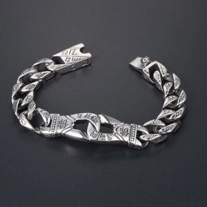 Retro punk titanium steel bracelet with Buddhist script engraving and interlocking links