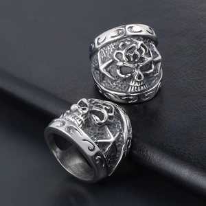 Gothic style stainless steel skull ring with vintage relief textures for men and women