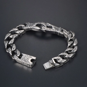 Retro punk style stainless steel double-ring chain bracelet with Buddha engraving