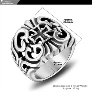 Macro detail of gothic hollow cross ring showing 20.3mm diameter and 6.7mm thickness