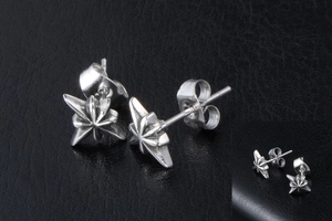 Close-up of octagonal star stud earrings in vintage silver titanium steel finish