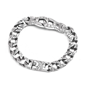 Punk vintage silver stainless steel Buddha mantra chain bracelet for men fashion
