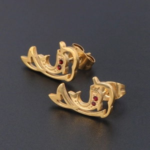 Golden dolphin stud earrings with red rhinestone accents and hollow minimalist design