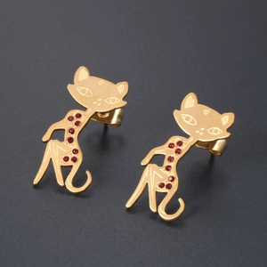 Cat shaped stud earrings in matte gold finish with sparkling red rhinestones for women