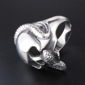 Gothic skull and snake ring for men in vintage silver stainless steel with punk style details
