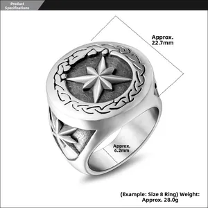 Detailed dimensions of retro silver star ring showing 22.7mm diameter and 28g weight