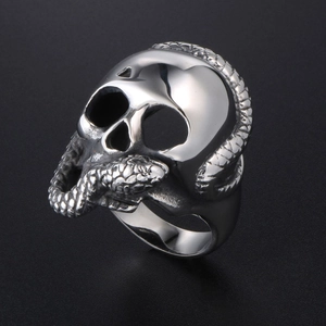Gothic punk skull and snake ring for men made of durable polished stainless steel