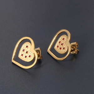 18K gold plated titanium steel heart stud earrings with red crystals for women