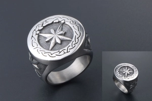 Macro shot of vintage octagonal star signet ring in retro stainless steel for men